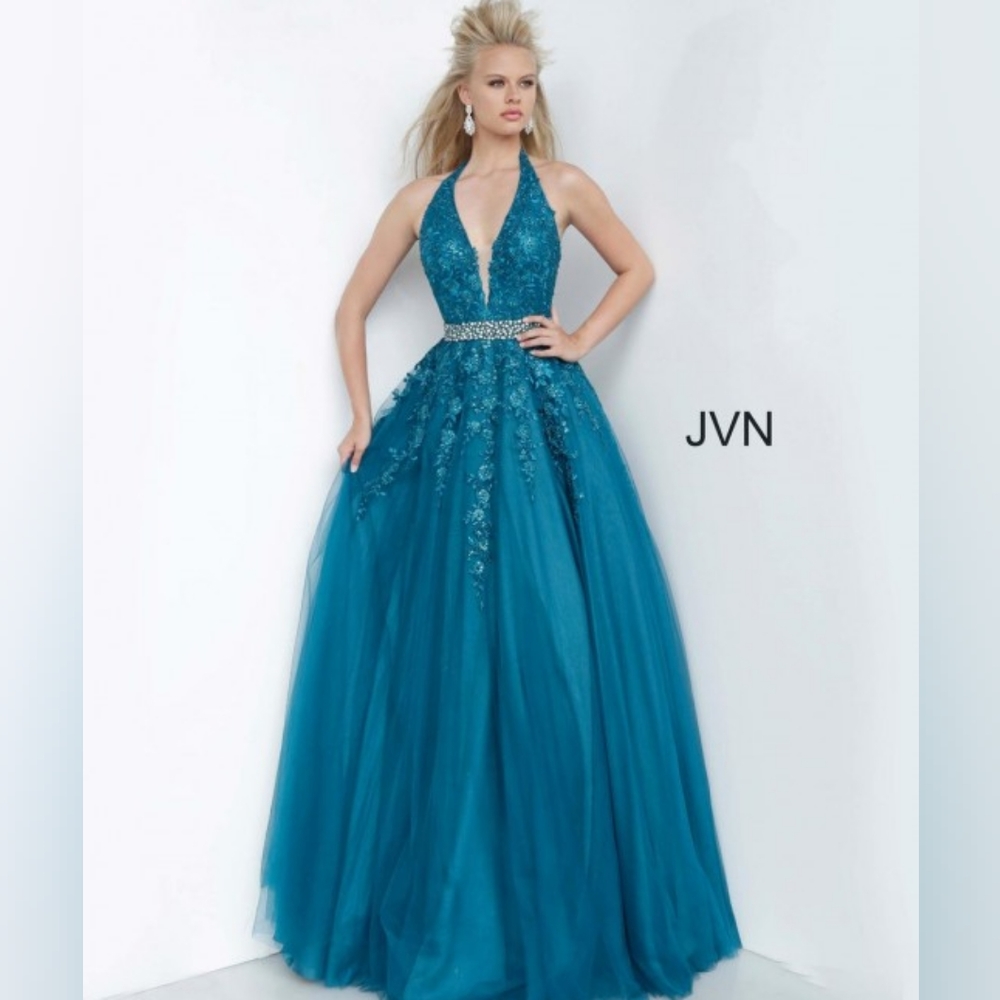 JVN Halter Neckline Embroidered Prom Ballgown size 14